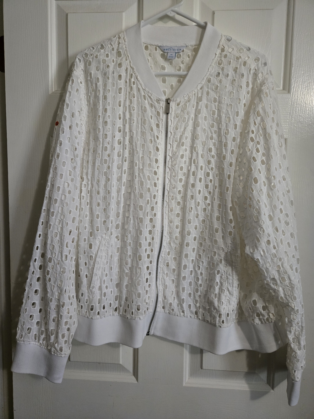 White Eyelet Bomber Jacket - Lightweight Zip Front